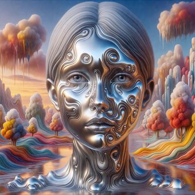 The primary subject of the image is a woman's face, which is the main focus of the image. The setting is a surreal, dreamlike environment, with a backdrop of trees and clouds. The visual style is digital art, as the woman's face is depicted in a metallic, silver-like manner. The colors and mood of the image are predominantly silver and blue, creating a sense of mystery and intrigue.